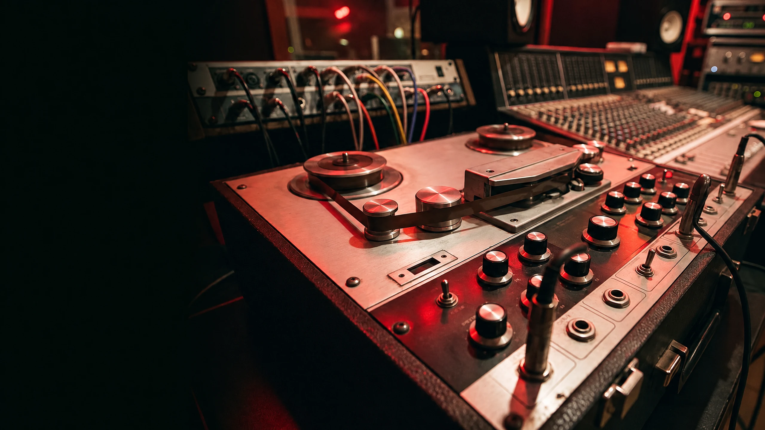 Ilustrasi AI perangkat tape echo analog dan meja mixing dalam pencahayaan merah