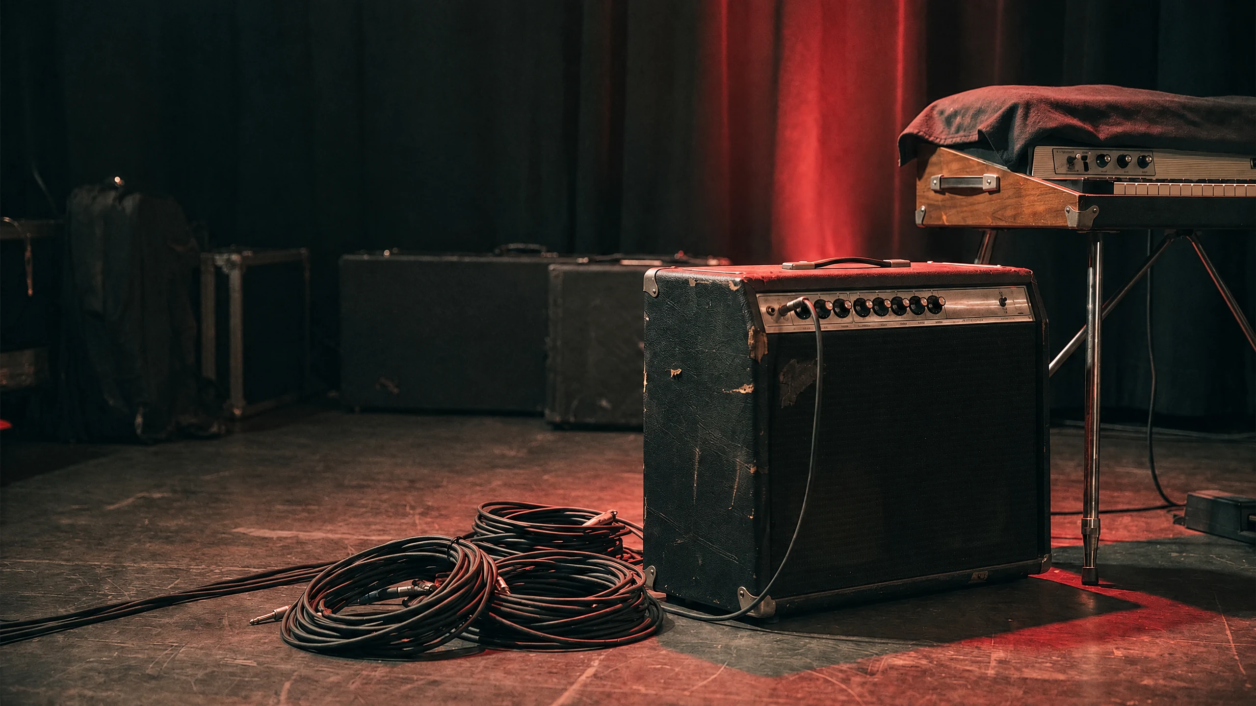 Ilustrasi AI kabel audio, amplifier, dan keyboard di sudut backstage
