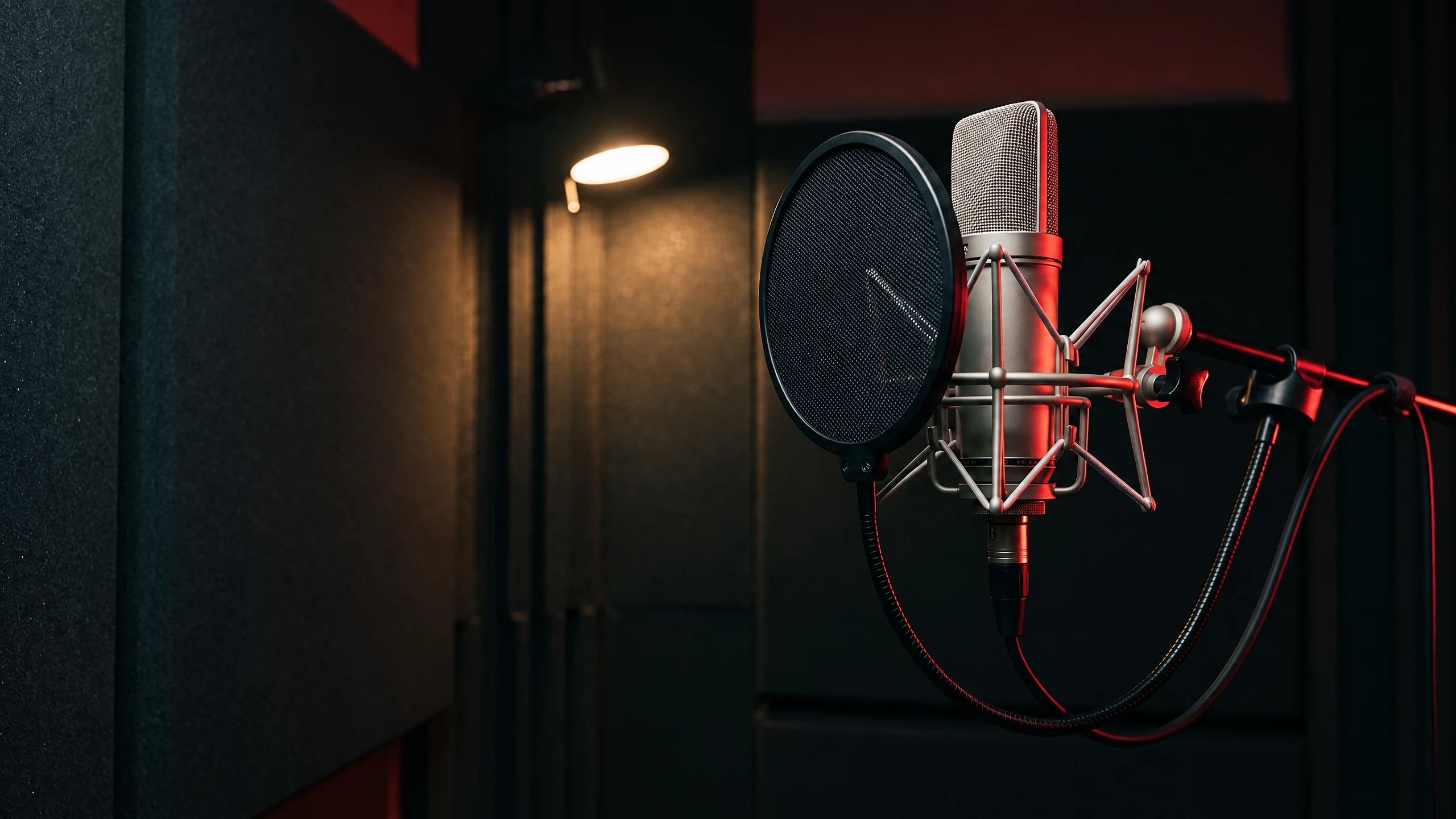 Ilustrasi AI mikrofon studio profesional di depan panel akustik dengan cahaya merah